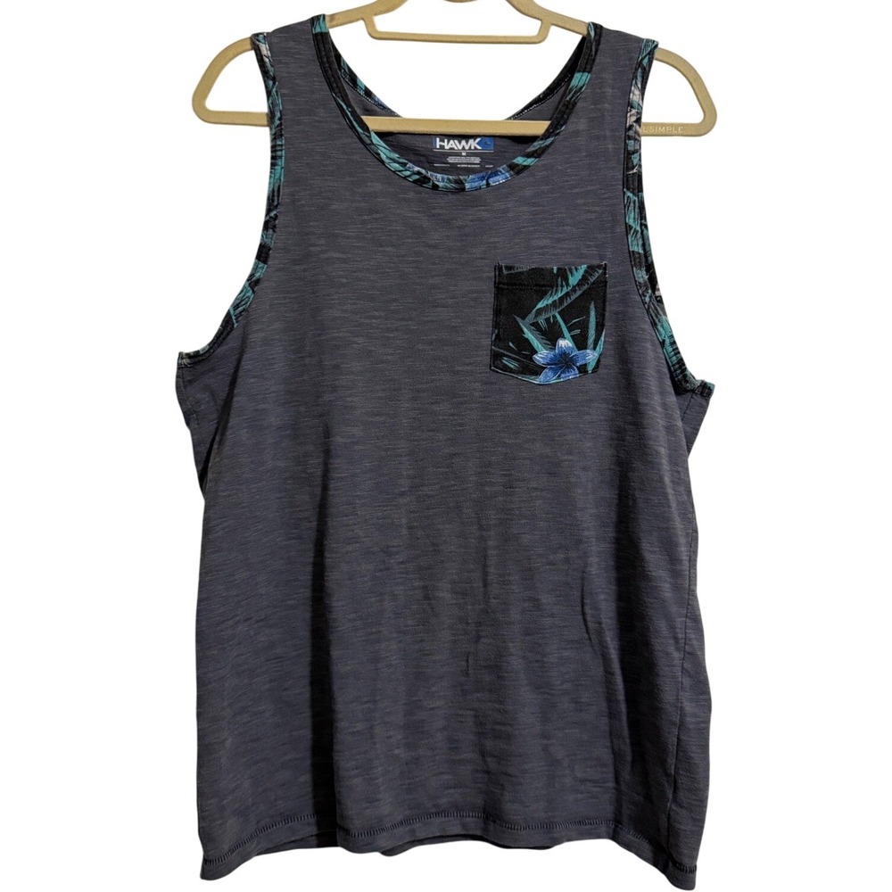 Tony Hawk Mens Tank Top Medium‎ Gray Tropical Floral Pocket Slub Knit Sleeveless
